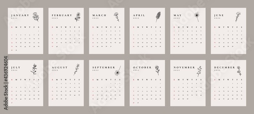 Abstract 2022 calendar design. Botanical doodle calendar planner minimal style, floral annual organizer. Vector illustration