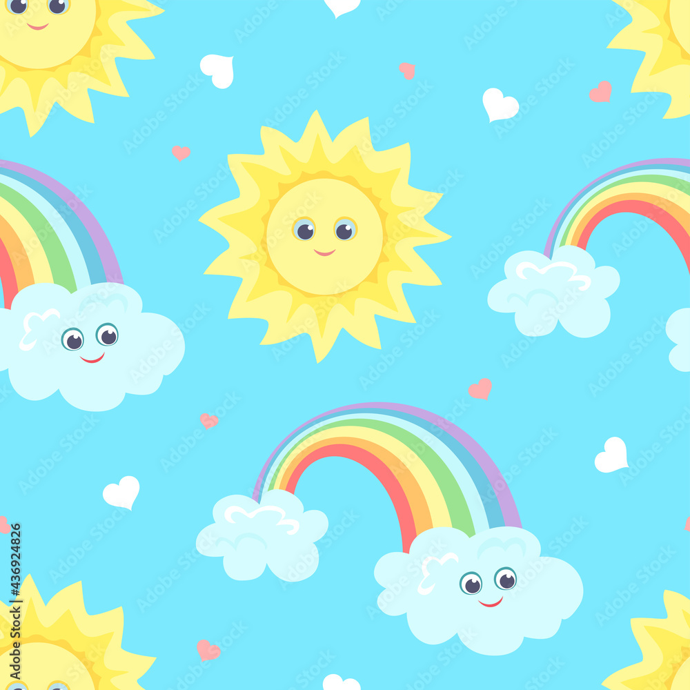 Baby seamless pattern with cute sun, rainbow and clouds. Cartoon blue sky. Children's background. Vector illustration in flat style.