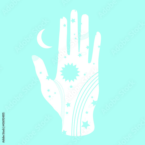 Hand with drawings of stars, the moon and the sun. Attributes of yoga. Mandala. Logo for wellness spa