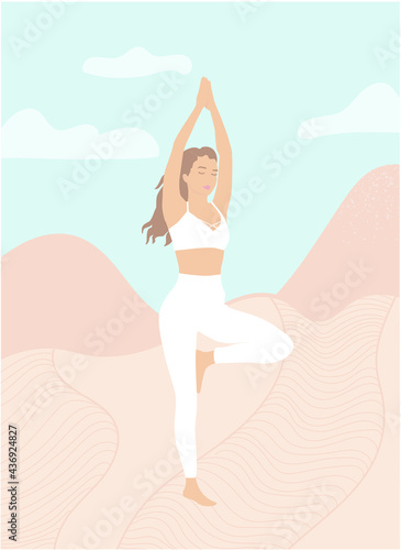 Girl doing yoga on the nature. Vector illustration in flat style. Young woman meditating flat design poster