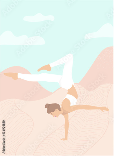 Girl doing yoga on the nature. Vector illustration in flat style. Young woman meditating flat design poster