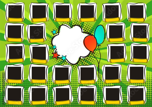 Comic Photo frame for group photos of children. Pop art photo album for a graduating class or community. Vector Template for the design of frames for Kindergarten, photographs, posters, cards.