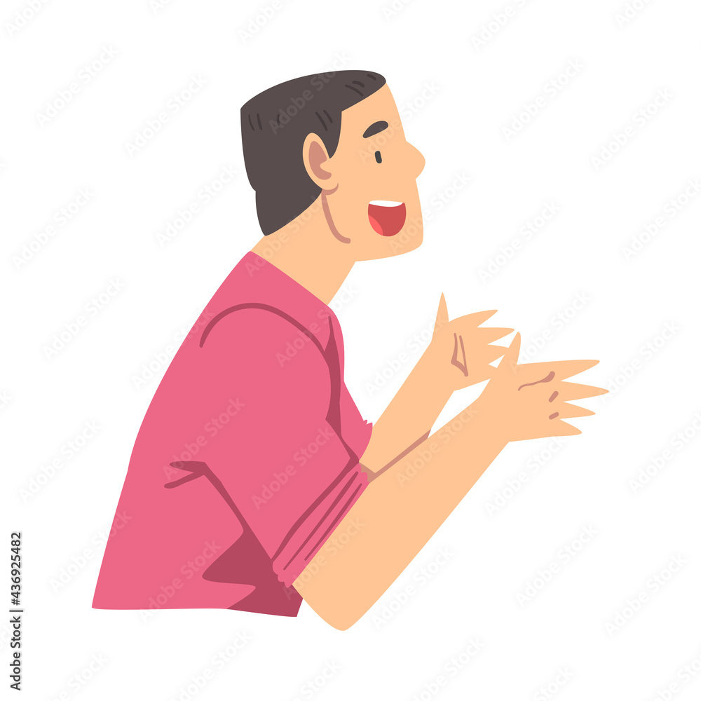 Side View of Cheerful Guy Talking and Gesturing, Man Communicating, Discussing Latest News or Gossiping Cartoon Vector Illustration