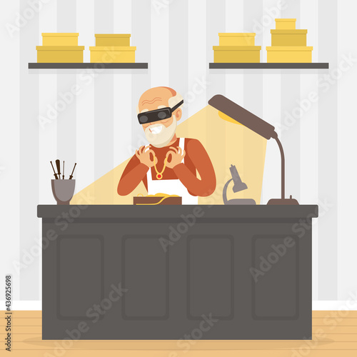 Male Jeweler Making Jewelry at Workplace, Craft Hobby or Profession Vector Illustration