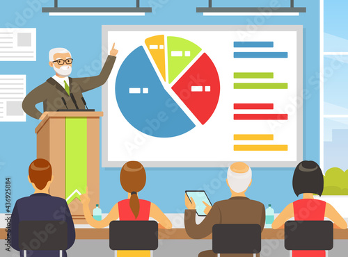 Politician Giving Speech During Election Campaign, Male Candidate Standing Behind Rostrum and Giving Speech Vector Illustration