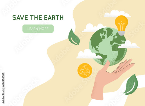 Vector illustration of human hand holding Earth globe, Recycle icon, light bulb, leaves and clouds. Concept of World Environment Day, Save the Earth, sustainability, ecological zero waste lifestyle