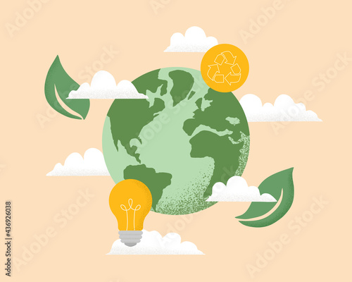 Vector illustration of Earth globe, Recycle icon, light bulb, leaves and clouds. Concept of World Environment Day, Save the Earth, sustainability, nature protection, ecological zero waste lifestyle