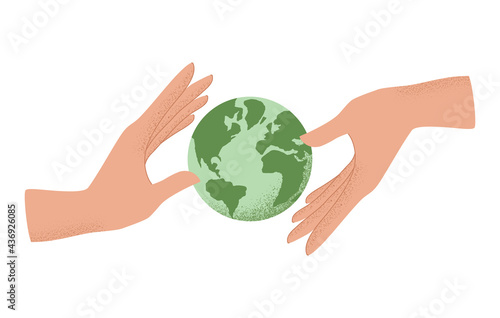 Vector illustration of human hands holding Earth globe, Concept of World Environment Day, Save the Earth, sustainability, ecological zero waste lifestyle, nature protection