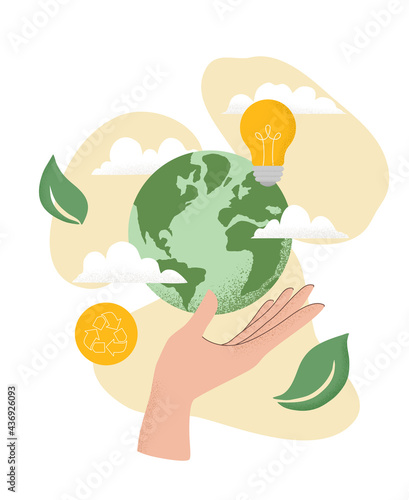 Vector illustration of human hand holding Earth globe, Recycle icon, light bulb, leaves and clouds. Concept of World Environment Day, Save the Earth, sustainability, ecological zero waste lifestyle