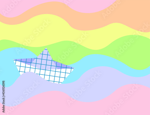 Vector graphics - a white paper boat on rainbow colored pastel waves. Concept-sea cruise and summer vacation