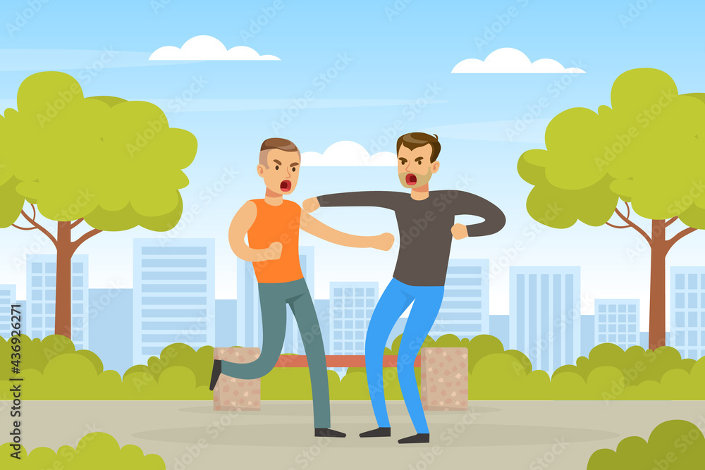 Two Angry Men Arguing and Fighting Outdoors, Human Relations, Quarrel or Conflict between Two People Vector Illustration Two Angry Men Arguing and Fighting Outdoors, Human Relations, Quarrel or Conflict between Two People Vector Illustration