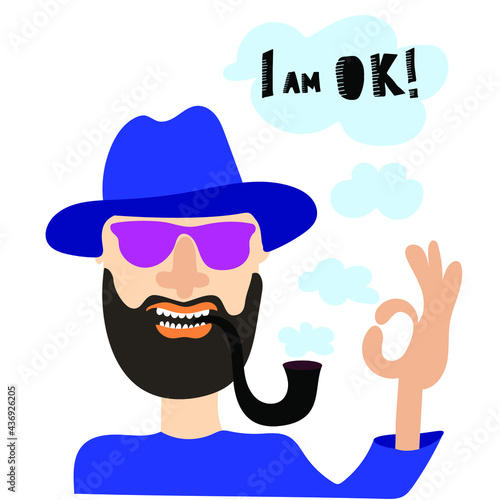 Smiling and pipe smoker male  showing okay sign with hand. Hand drawn portrait isolated on white. Cartoon character. 