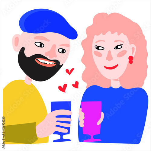 couple in love vector hand drawn illustration. Man and woman cartoon characters. Smiling young girls and man are drinking  concept. 