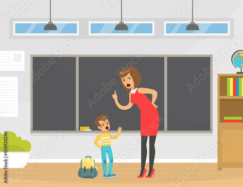 Angry Teacher Shouting at Disobedient Boy at School, Elementary School Student Disputing with Teacher Vector Illustration