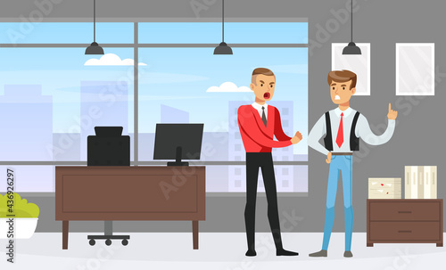 Male Employees Arguing in Office, Human Relations, Conflict between Colleagues Vector Illustration.