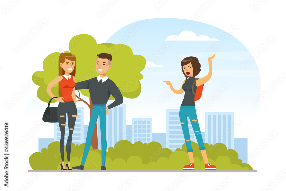 Young Woman Scolding her Boyfriend because Caught him Flirting with Another Woman in Park, Relationship, Quarrel, Jealousy Concept Vector Illustration