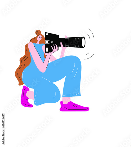 Photographer girl sitting on a knee taking a photo, vector illustration in flat style.