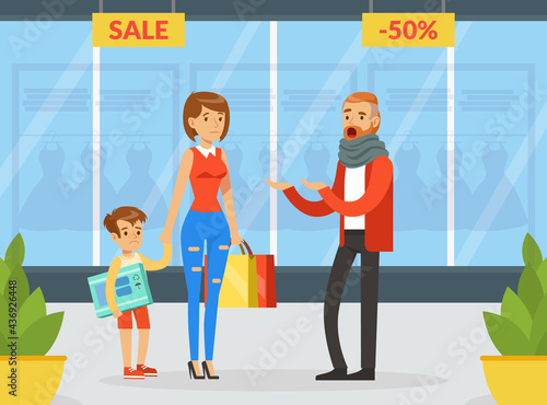 Family Couple Quarreling at Shopping Mall, Husband Scolding his Upset Wife and Son, Human Relations, Family Quarrel Cartoon Vector Illustration