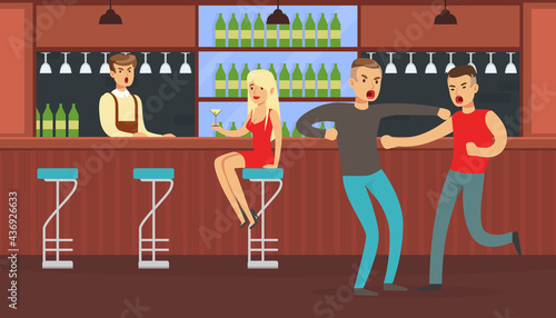 Two Drunk Men Fighting in Bar, Conflict Between People, Human Relations Vector Illustration
