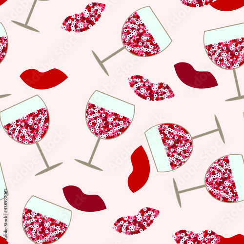 Fashion modern seamless pattern of red wine glass and lips. Sequin elements.