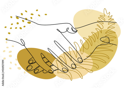 Silhouettes of human hands, applause, in a modern style one line and plant leaves. Continuous line drawing, outline for decor, posters, wall art, stickers, logo. Vector illustration.
