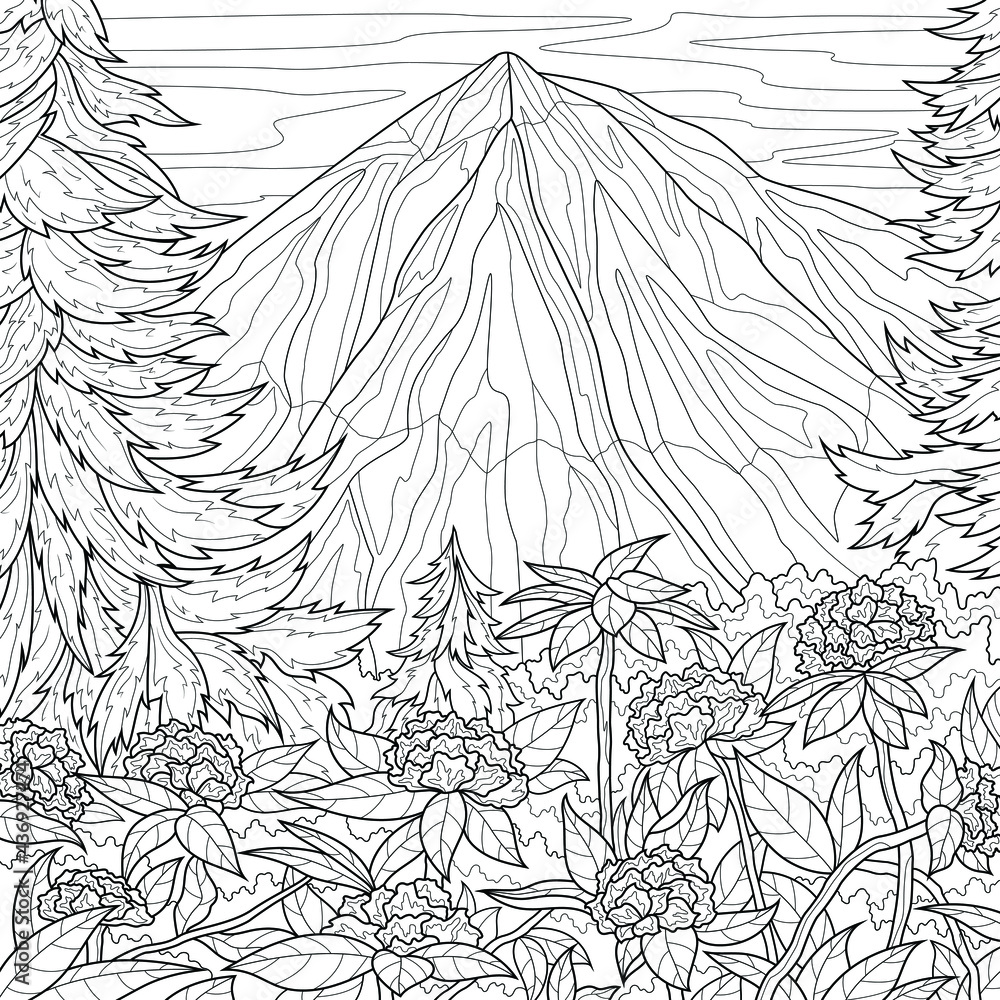 Mountains and flowers. Scenery.Coloring book antistress for children ...