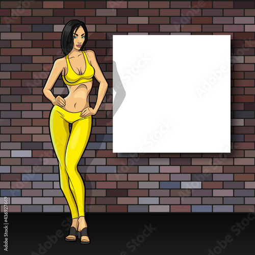 Slim girl on the background of an empty banner. Sexy woman in front of school board banner. Elegant lady on the background of pure advertising poster