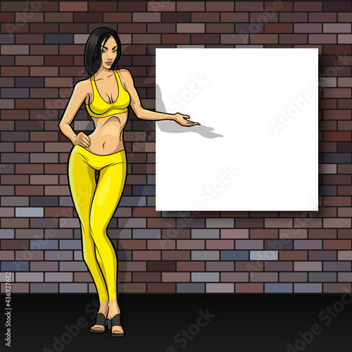 Slim girl on the background of an empty banner. Sexy woman in front of school board banner. Elegant lady on the background of pure advertising poster