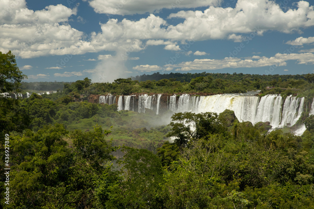 The Iguazu falls in the jungle. View of the white falling water flowing across the tropical rainforest in Iguazu national Park, Misiones, Argentina. The waterfalls and lush vegetation. The Iguazu falls in the jungle. View of the white falling water flowing across the tropical rainforest in Iguazu national Park, Misiones, Argentina. The waterfalls and lush vegetation.