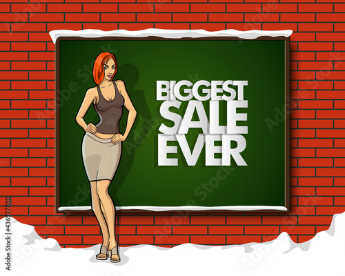 Slim girl on the background "Biggest sale ever" banner. Sexy woman in front of school board banner. Elegant lady on the background sale advertising poster. Advertising discount sale poster
