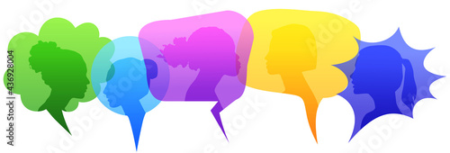 Multiethnic women inside different thoughts bubbles, vector illustration. Female faces of diverse cultures in propfile think and communicate