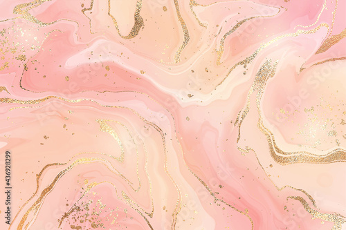 Gradient rose liquid marble or watercolor background with glitter foil textured stripes. Pink marbled alcohol ink drawing effect. Vector illustration design template for wedding invitation
