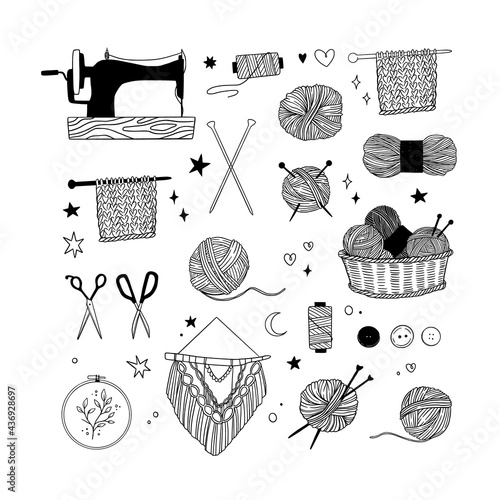 Hand drawn vector linear illustration - Set of knitting and crafts. Needlework, Yarn, pins, buttons, thread, needle bar, macrame, sewing. Perfect for your brand logo and branding.
