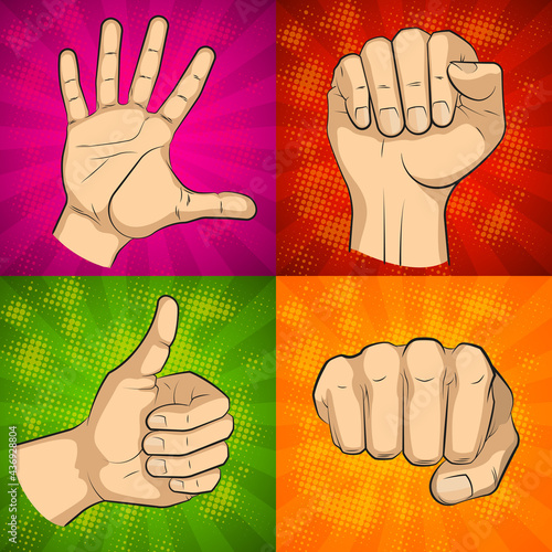 Wrist of people comics sketch picture set. Cartoon palm man's hand banner illustration. Human individual gesture of fives fingers drawing outline. People knukle gesture collection