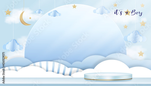 Vector for baby boy shower card on blue background,Cute Paper art abstract origami cloudscape, crescent moon and stars on blue sky and 3D podium,Paper cut with copy space for baby's photos