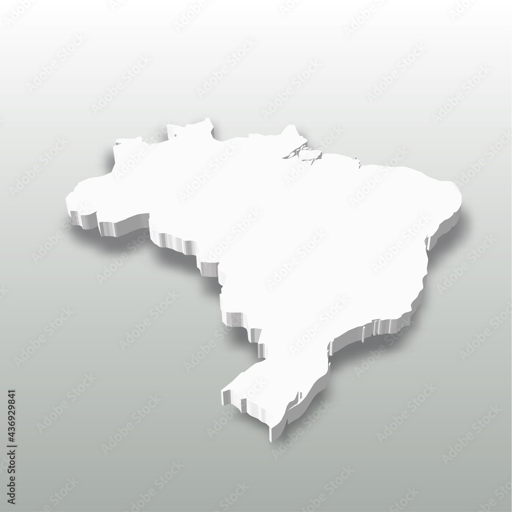 Brazil - white 3D silhouette map of country area with dropped shadow on grey background. Simple flat vector illustration.