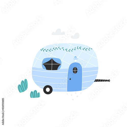 Trailer, tiny house, mobile home on wheels. Downsizing, compact living. Vector cartoon illustration isolated on white background.