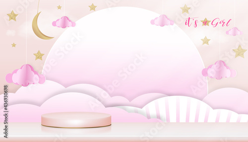 Vector for baby boy shower card on pink background,Cute Paper art abstract origami cloudscape, crescent moon and stars on pink sky and 3D podium,Paper cut with copy space for baby's photos