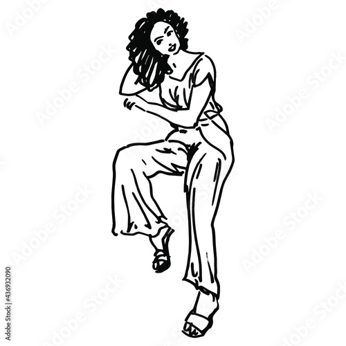 Happy smiling sitting girl. Beautiful young woman in fancy summer clothes. Pretty lady with curvy dark hair wearing top and flared pants. Hand drawn linear doodle rough sketch.
