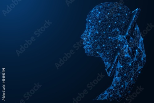 Artificial intelligence in a smartphone. A hand holding a phone with a cyborg face. Polygonal construction of concatenated lines and points. Blue background.