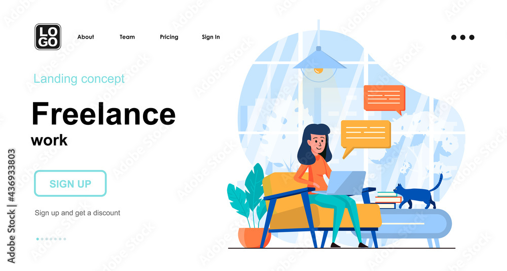 Freelance work web concept. Woman working on laptop from home office, freelancer or remote worker. Template of people scenes. Vector illustration with character activities in flat design for website