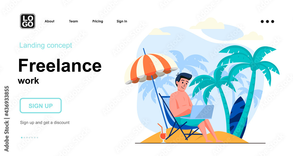 Freelance work web concept. Man working on laptop from sea resort, freelancer relaxing at beach. Template of people scenes. Vector illustration with character activities in flat design for website