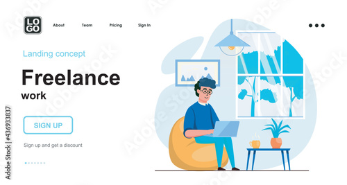 Freelance work web concept. Man working on laptop from home office, freelancer or remote worker. Template of people scenes. Vector illustration with character activities in flat design for website