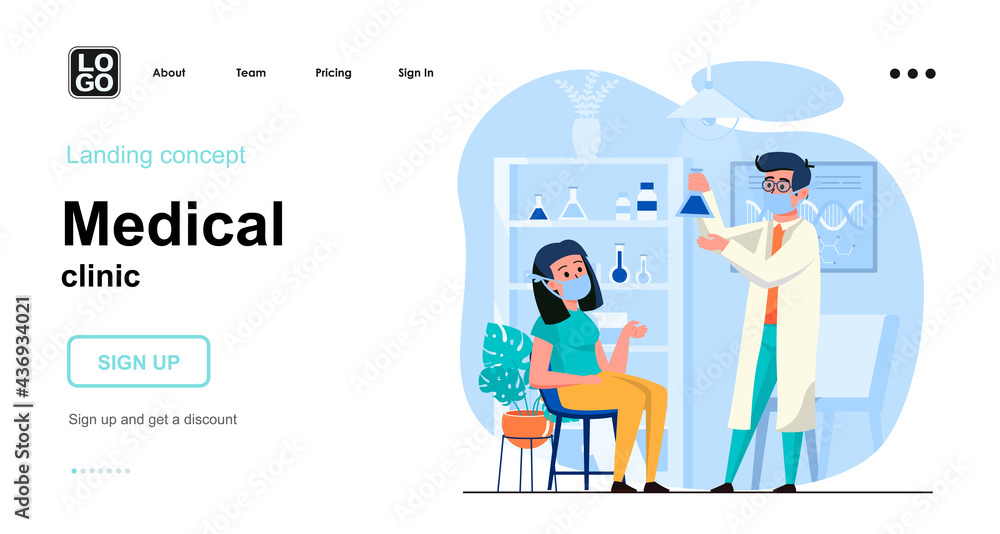 Medical clinic web concept. Doctor doing medical tests in laboratory, diagnostics, health checkup. Template of people scenes. Vector illustration with character activities in flat design for website