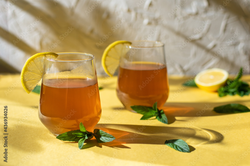Raw fermented homemade alcoholic or non alcogolic kombucha superfood. Ice tea with healthy natural probiotic Raw fermented homemade alcoholic or non alcogolic kombucha superfood. Ice tea with healthy natural probiotic