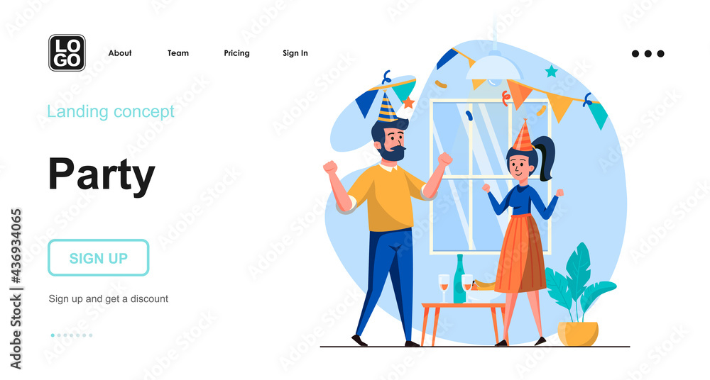 Party web concept. Man and woman in festive hats celebrate holiday together, dance and drink. Template of people scenes. Vector illustration with character activities in flat design for website