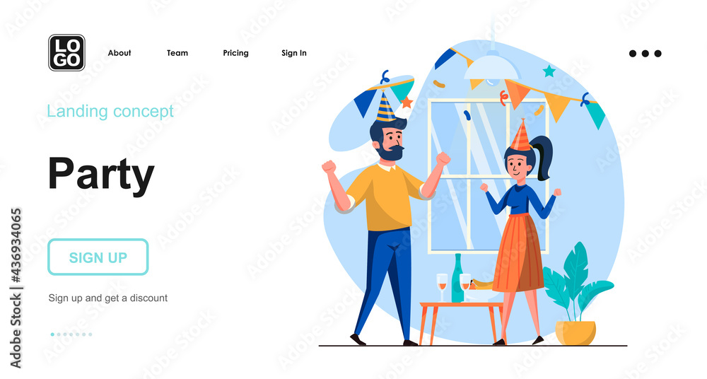 Party web concept. Man and woman in festive hats celebrate holiday together, dance and drink. Template of people scenes. Vector illustration with character activities in flat design for website Party web concept. Man and woman in festive hats celebrate holiday together, dance and drink. Template of people scenes. Vector illustration with character activities in flat design for website