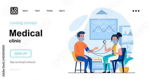 Medical clinic web concept. Nurse measures blood pressure to patient, diagnostics, health checkup. Template of people scenes. Vector illustration with character activities in flat design for website