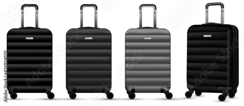 Travel bag stickers. Silver travel plastic suitcase or vacation baggage bag collection isolated on white background. Copy space. Road frame set.