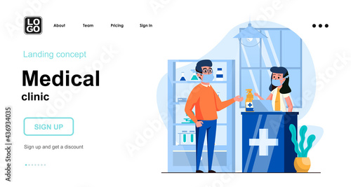 Medical clinic web concept. Patient buying medicines in pharmacy, pharmacist consulting buyer. Template of people scenes. Vector illustration with character activities in flat design for website